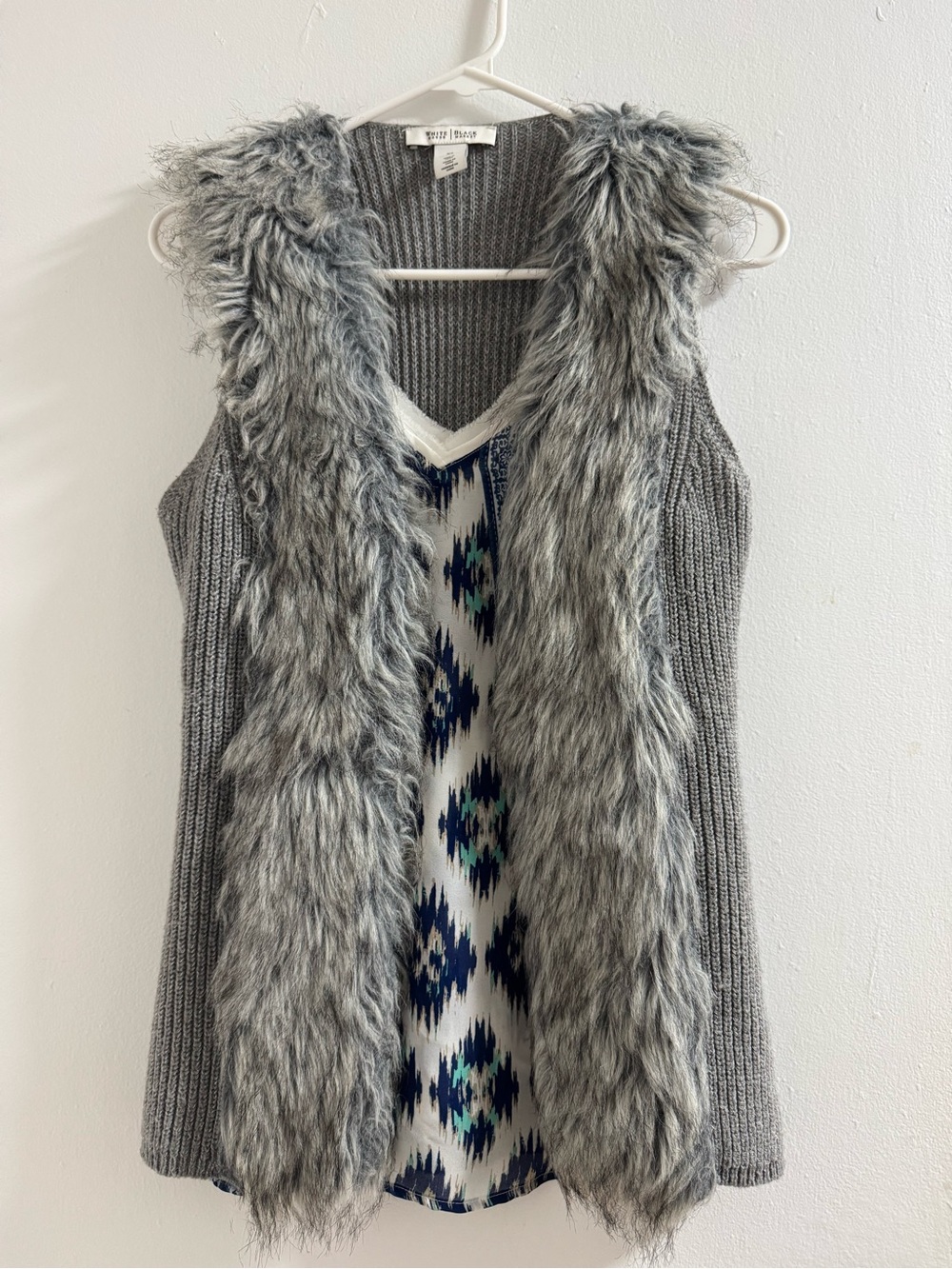 White House Black Market Grey Faux Fur Knit Vest